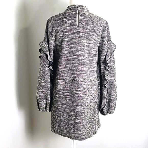 BCBGeneration Black/White Tweed Mini-Dress, Mock Turtleneck, Ruffle Sleeves, Med - Picture 8 of 11